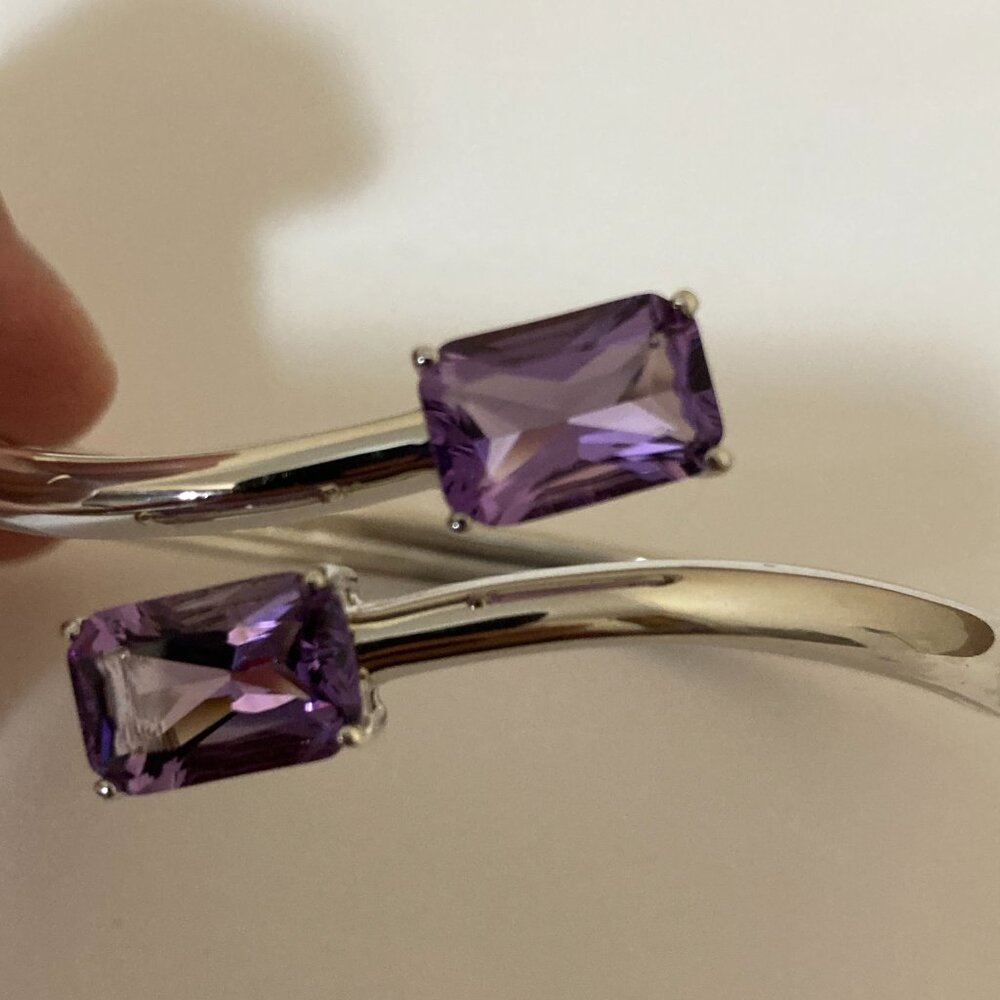 Sterling Silver Amethyst Semi Wrap Bangle Bracelet - Picture 5 of 9